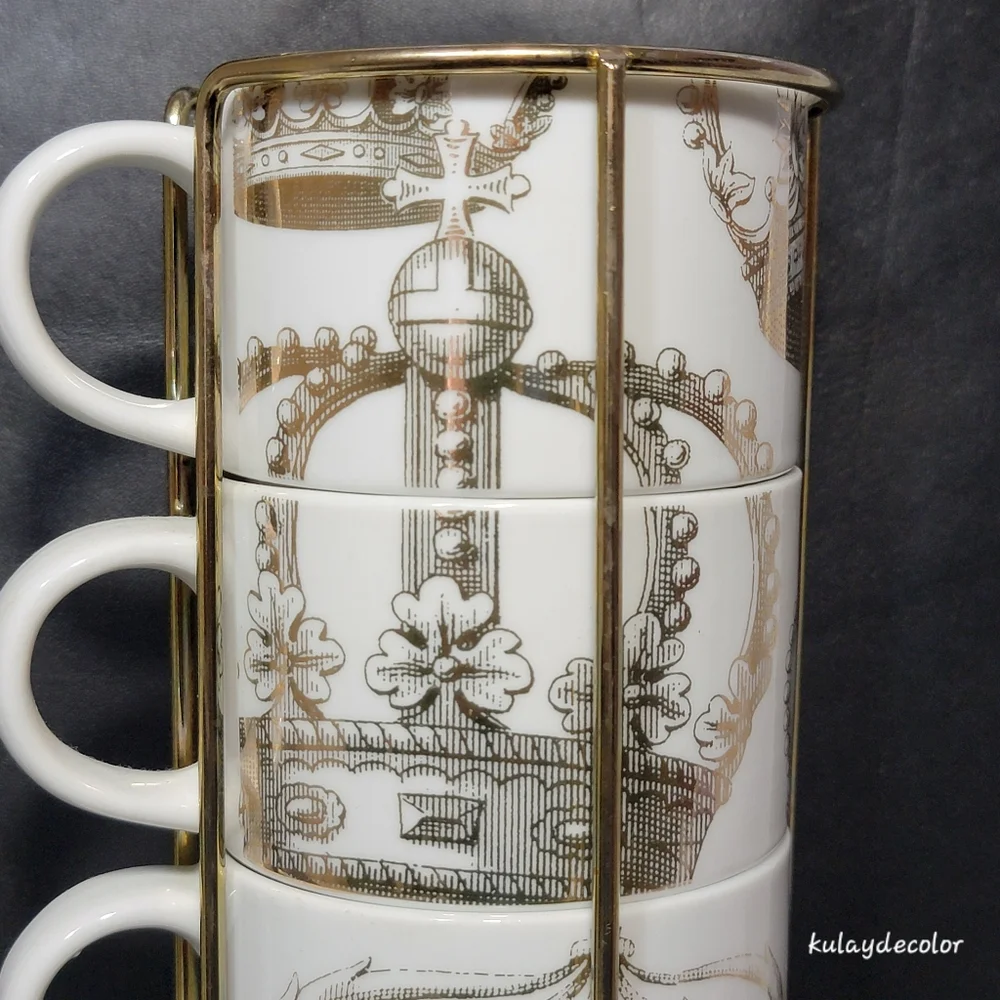 Pier 1 Imports Gold Crown Print Stacking Mugs Set w/ Gold Metal Rack Coffee Cups